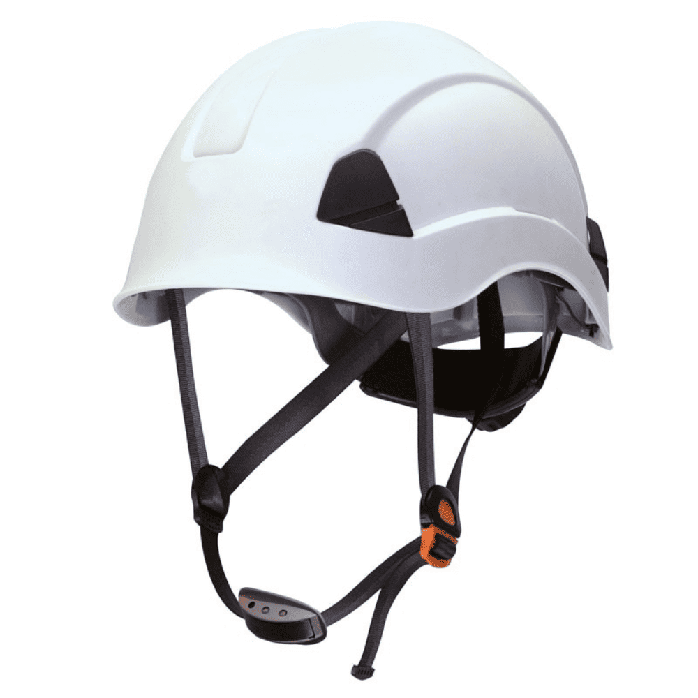 Casco de seguridad blanco con barboquejo y ajuste trasero para trabajos en altura