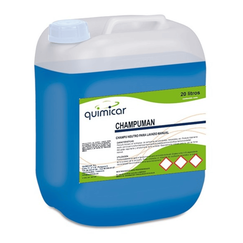 Champ&uacute; neutro para lavado manual en garrafa de 20 litros de color azul