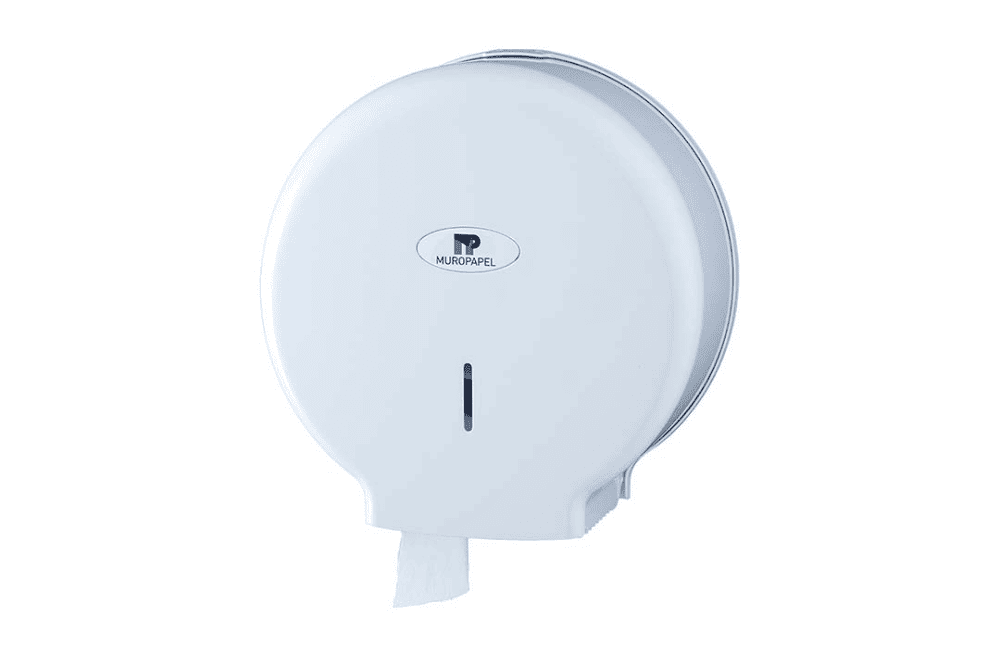 Dispensador higi&eacute;nico industrial blanco para rollos grandes de papel con salida inferior