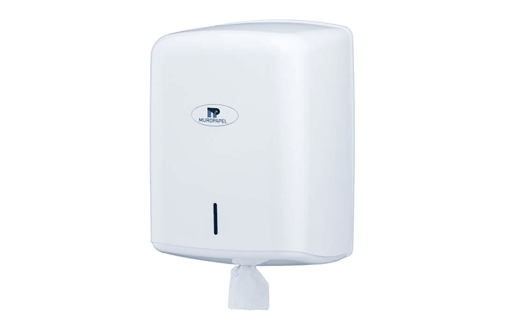 Dispensador secamanos industrial blanco para papel en bobina con salida central