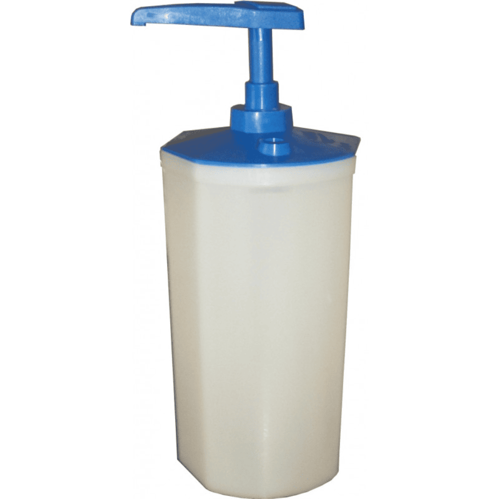 Dispensador industrial de jab&oacute;n con pulsador azul