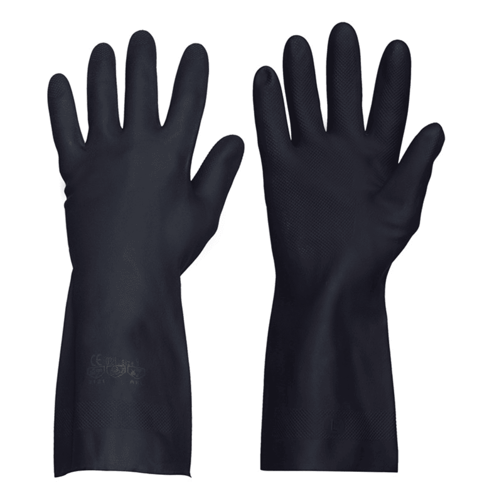 Guantes de l&aacute;tex negro de pu&ntilde;o largo para protecci&oacute;n qu&iacute;mica