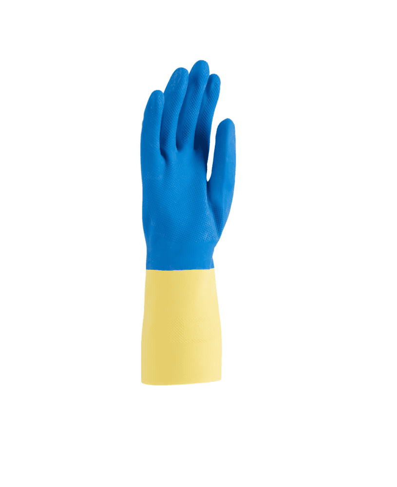 Guante de neopreno bicolor azul y amarillo con pu&ntilde;o largo de protecci&oacute;n