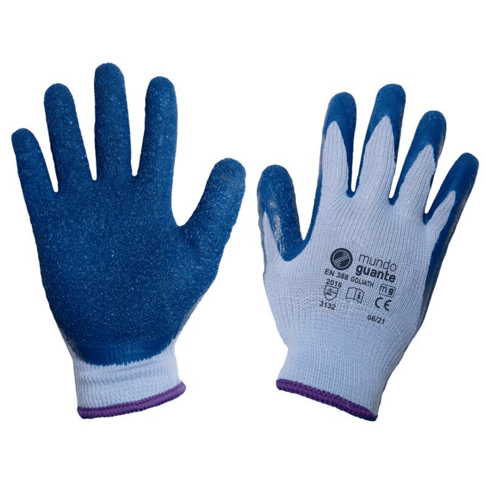 Guantes de trabajo Goliath con recubrimiento azul y soporte textil de poli&eacute;ster