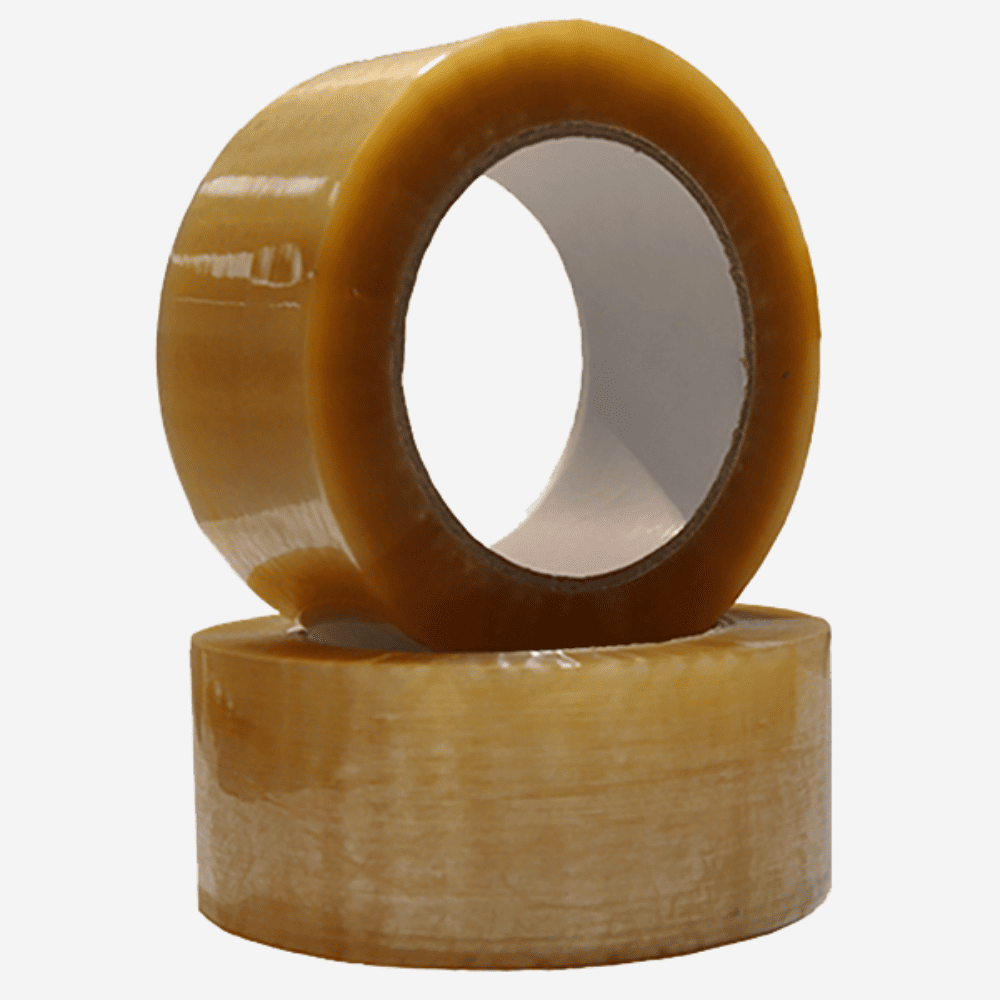 Dos rollos de precinto acrílico marrón apilados