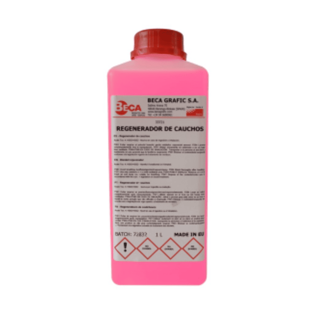 Regenerador de cauchos BECA en botella de pl&aacute;stico con l&iacute;quido rosa