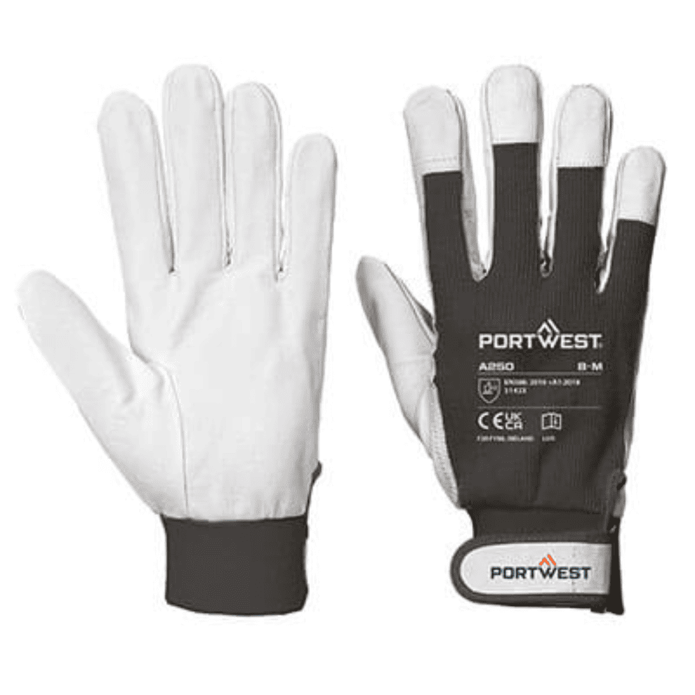 Guantes de piel blanca con dorso negro Portwest para protecci&oacute;n laboral