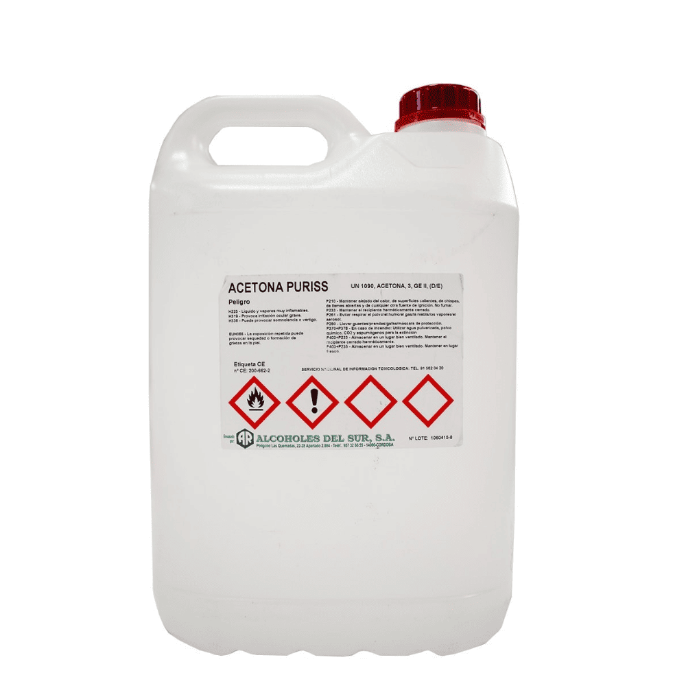 Bid&oacute;n de acetona Puriss de alta pureza con pictogramas de producto inflamable