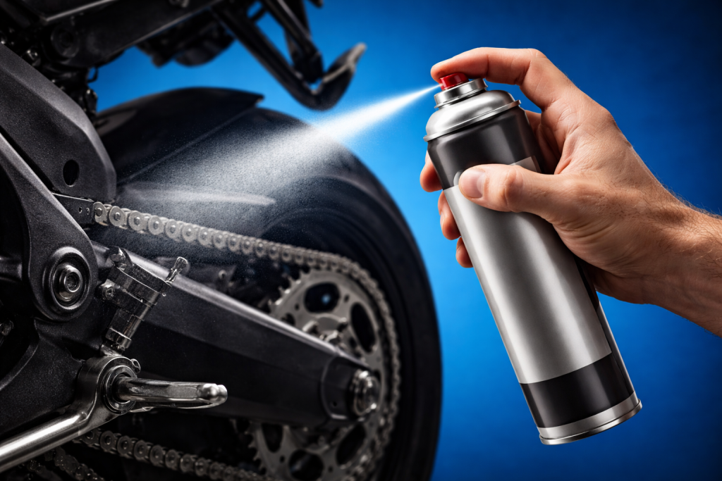 Aplicaci&oacute;n de spray en cadena de motocicleta