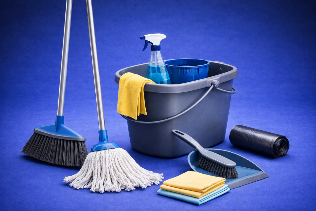 Herramientas de limpieza como escoba, fregona y cubo