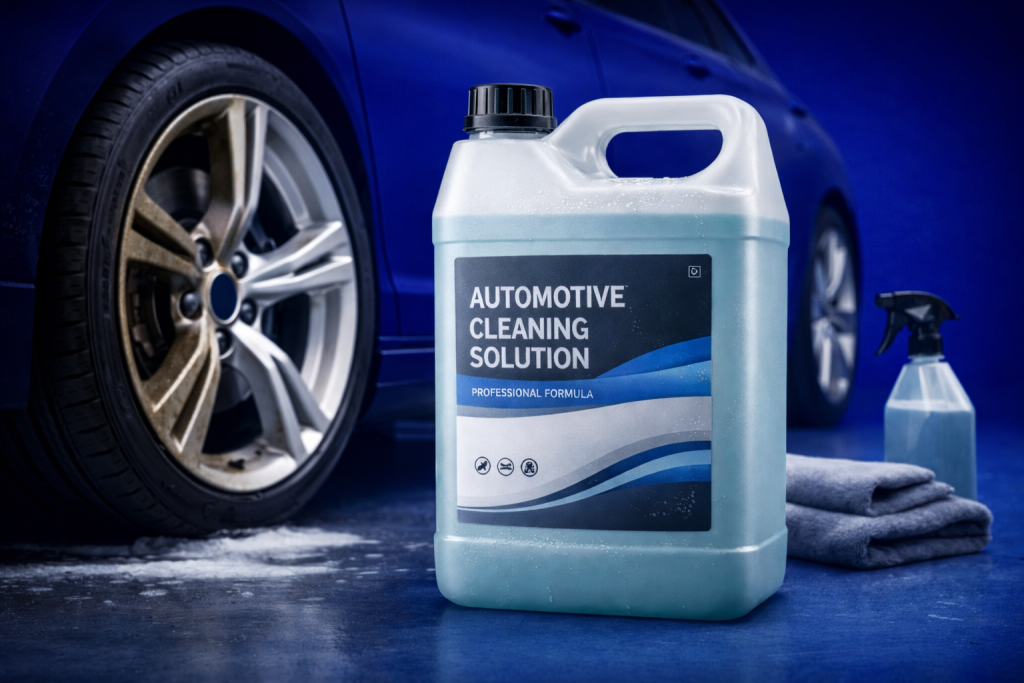Producto desengrasante junto a rueda de coche