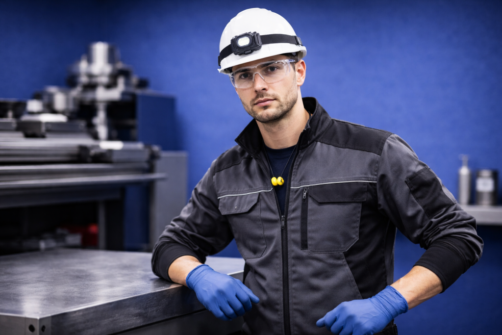 Trabajador con casco y guantes en entorno industrial