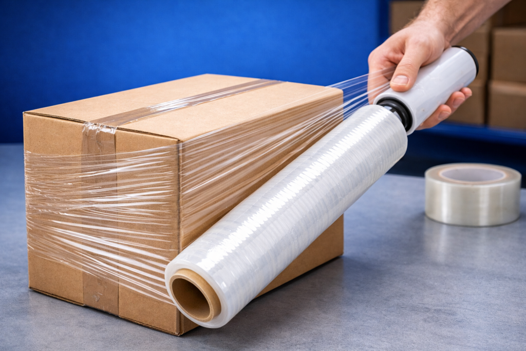 Aplicaci&oacute;n de film estirable en caja de embalaje