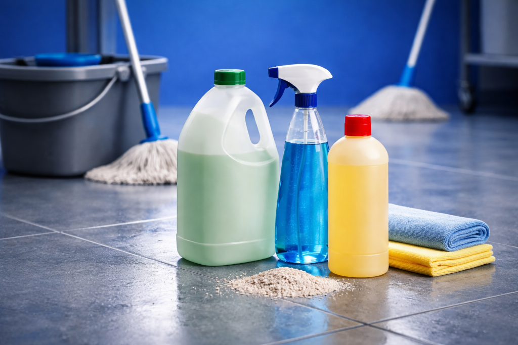 Productos de limpieza con fregona y cubo en suelo