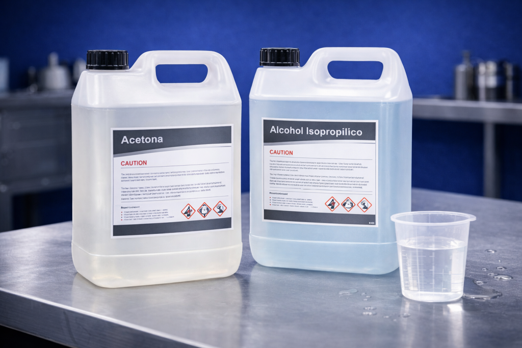 Envases de acetona y alcohol isoprop&iacute;lico